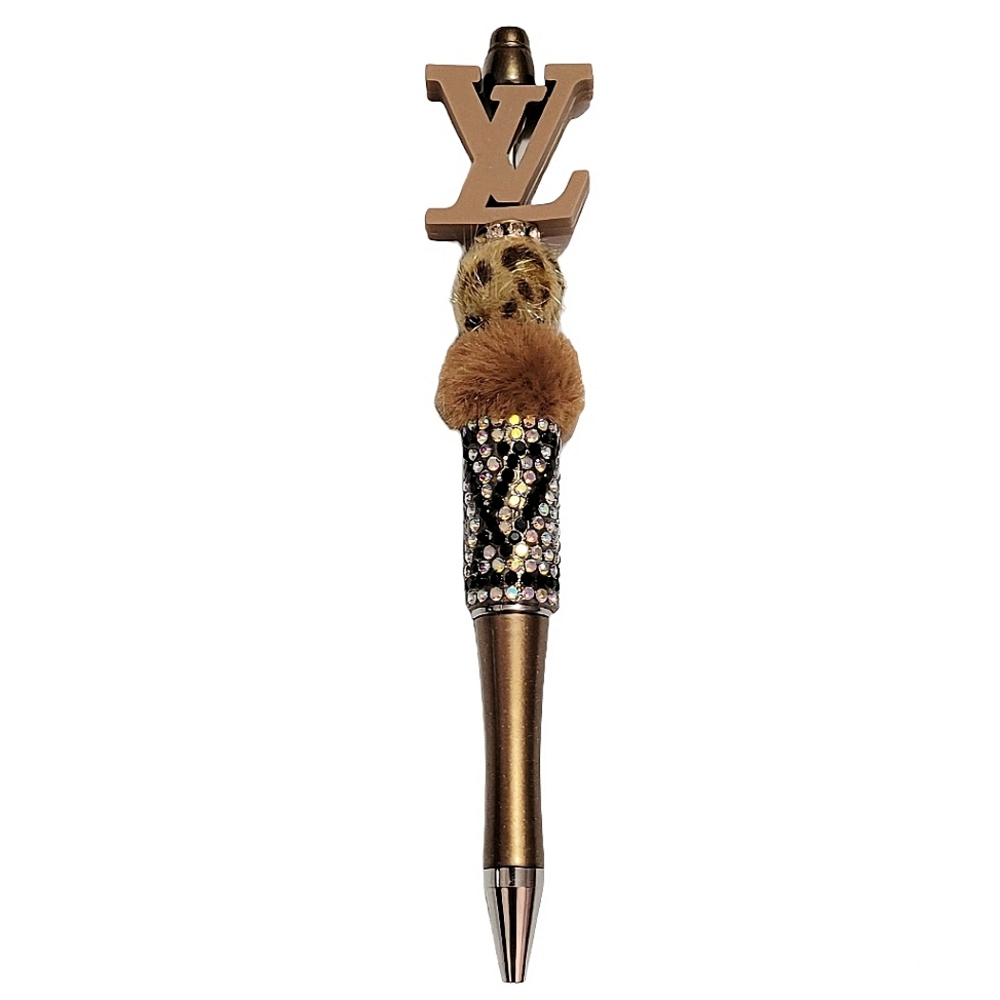 Fashion Fancy Bling Fur Beaded Ballpoint Twist Pen Focal Bead Tan